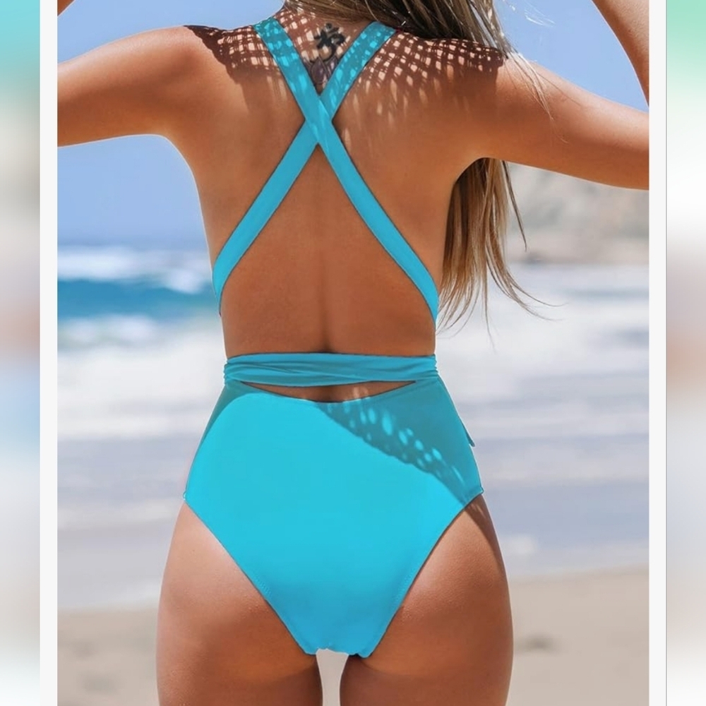 Deep V-neck One Piece Swimsuit size XL blue - Picture 2 of 6